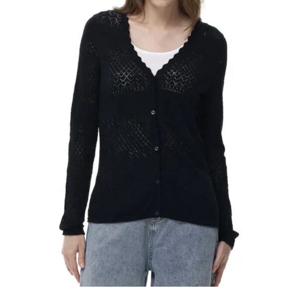 Frye Sweaters - Frye Black Cotton Open Knit Cardigan Scalloped Edge Button Front XXL